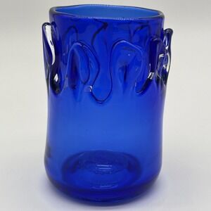 Signed Cobalt Blue Studio Art Glass 1971 Vessel Hand Blown Applied Prunts Flames